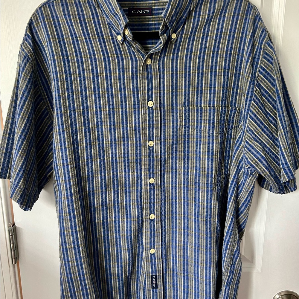 GANT Shirt Mens Medium Blue Green  Seersucker Cotton Short Sleeve Button Up